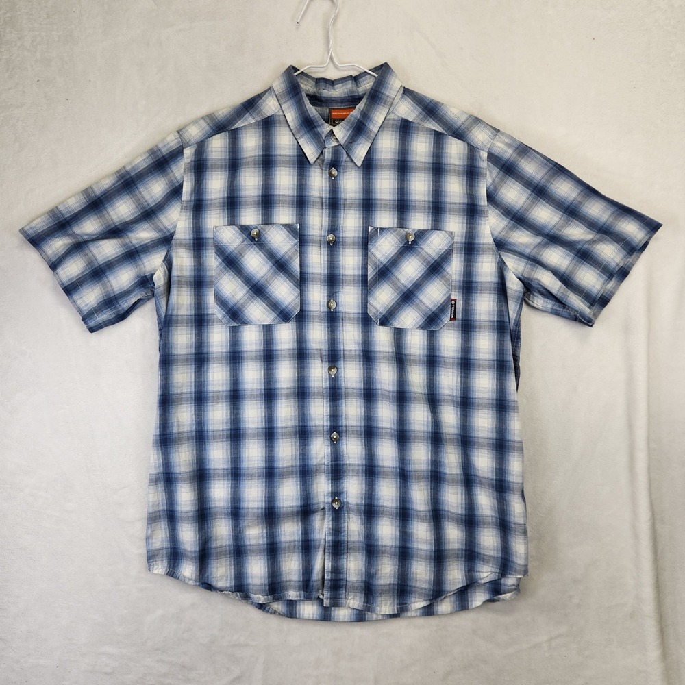 Merrell Opti-Wick Mens XL Blue Plaid Short Sleeve Button Up‎ Hiking Shirt UPF 20